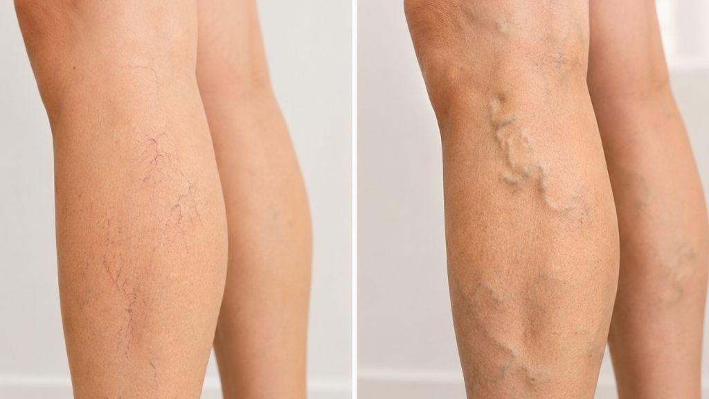 Comparativa ilustrativa entre arañas vasculares y varices en las piernas