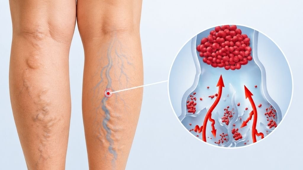 Ilustración médica sobre flebitis en la pierna y formación de coágulos en una vena