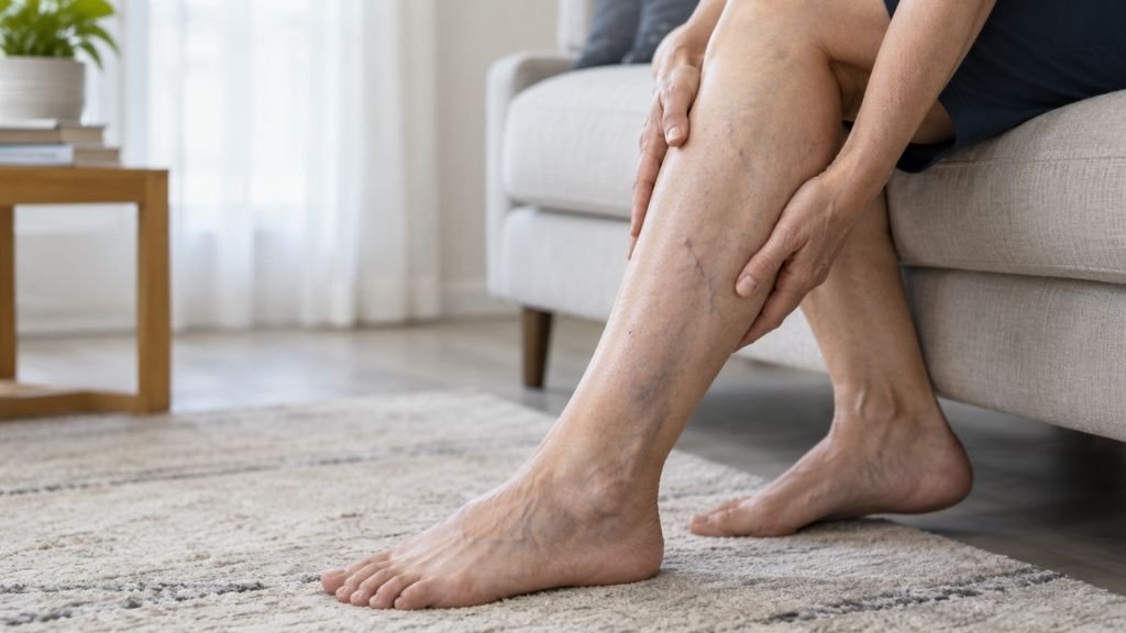 Persona con varices y molestias en las piernas en un artículo sobre insuficiencia venosa crónica